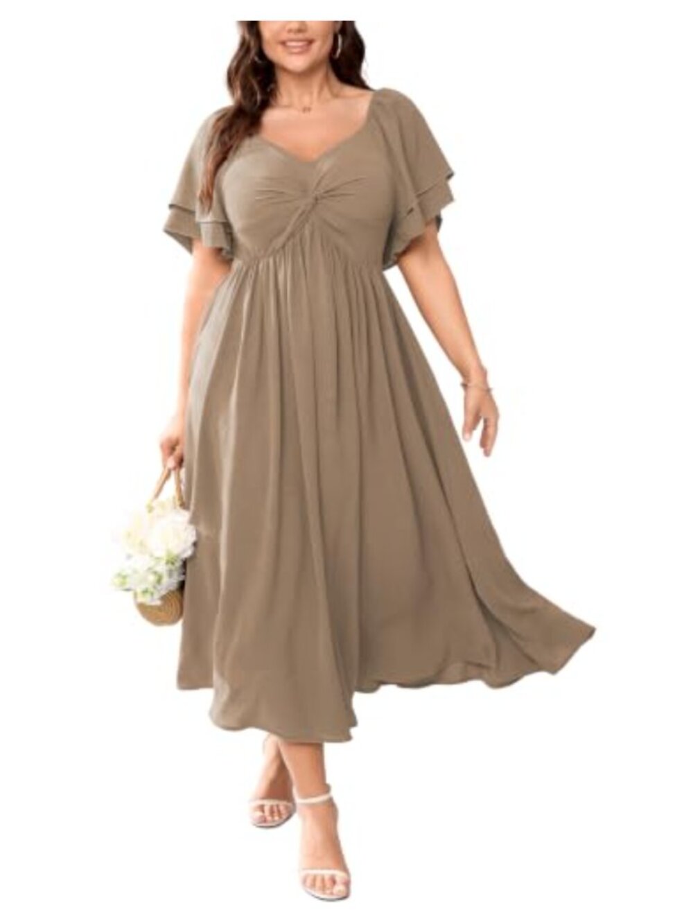 Plus Size Cocktail Maxi Dress Sweetheart Ruffle Sleeve Formal Wedding Guest